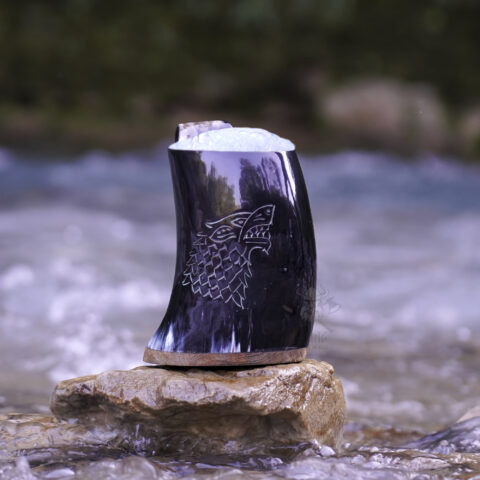Viking Traders Original Medieval Viking Drinking Horn Mug Uniquely wolf carved tankard Handcrafted from Genuine Horn with Food safe coating and polished for Beer, Ale, Mead & Pagan size 20oz