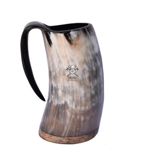 Viking Traders Original Viking Drinking Horn Mug with Burlap Sack - 20 Oz Wood Base Extra Large Medieval Inspired Handcrafted Cup polished Natural & Real Horn Tankard for mead ale and beer party